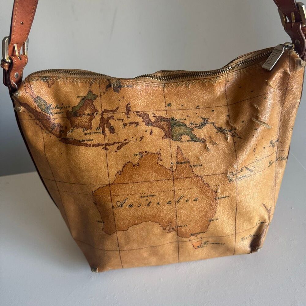 VTG Alviero Martini 1a Classe Geo Map Print Shoulder Bag Tan Brown - Picture 4 of 11